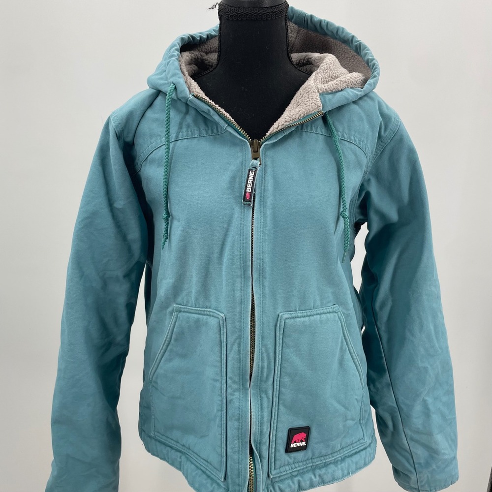 Berne Ladies Teal Blue Sherpa‎ Lined Hooded Work Jacket  Chore Coat Size L 14-16